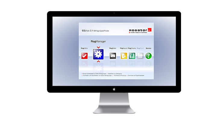 Startseite von Befragungssoftware G3Plus auf einem Mac-Desktop