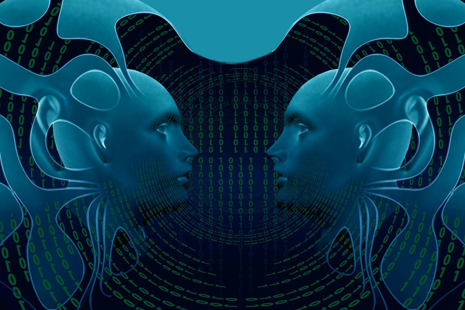 Matrixfrage Besonderfall Doppelmatrix: Zwei mit einem Computerprogramm generierten Gesichter sehen sich an.