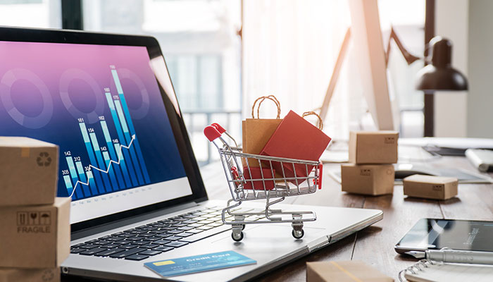 Preisforschung valide durchführen. Ein kleiner Einkaufswagen voller Taschen steht auf einem Laptop, auf dessen Bildschrim ein Preisentwicklungsdiagramm zu sehen ist.