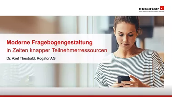 Auf einer Anzeige über einen Vortrag der Rogator AG zu Umfragen mit der Likert-Skala ist eine junge Frau mit einem Smartphone zu sehen.