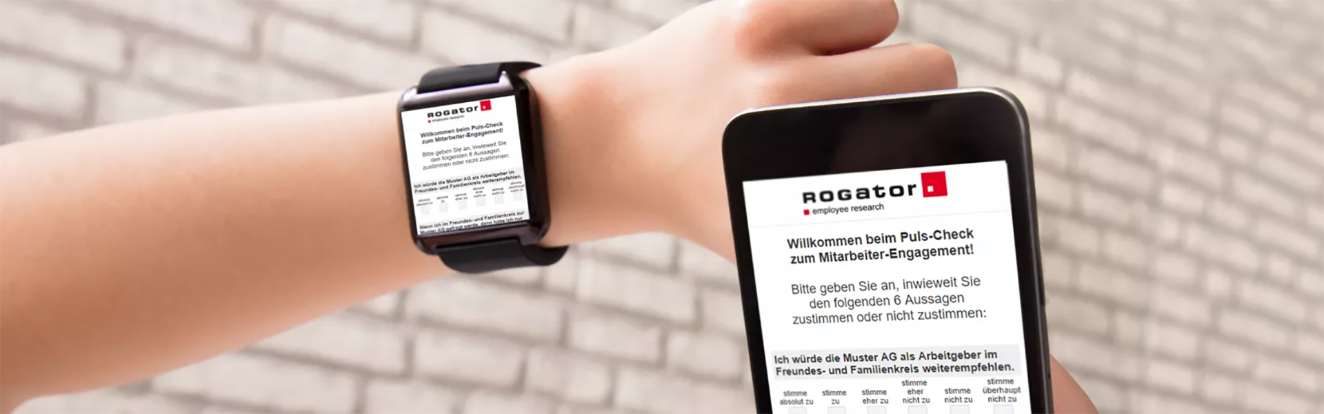 Eine Smartwatch und Smartphone-App symbolisieren die Puls-Befragung mit Rogator.