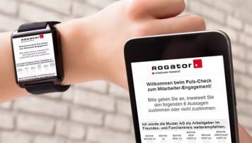 Eine Smartwatch und Smartphone-App symbolisieren die Puls-Befragung mit Rogator.