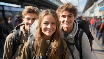 Drei junge Menschen, die das Deutschlandticket verwenden stehen an einem Gleis.
