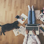 Moderne Arbeitswelten im Trend. Eine Frau sitzt mit Ihrer Katze und Dokumenten im Homeoffice.